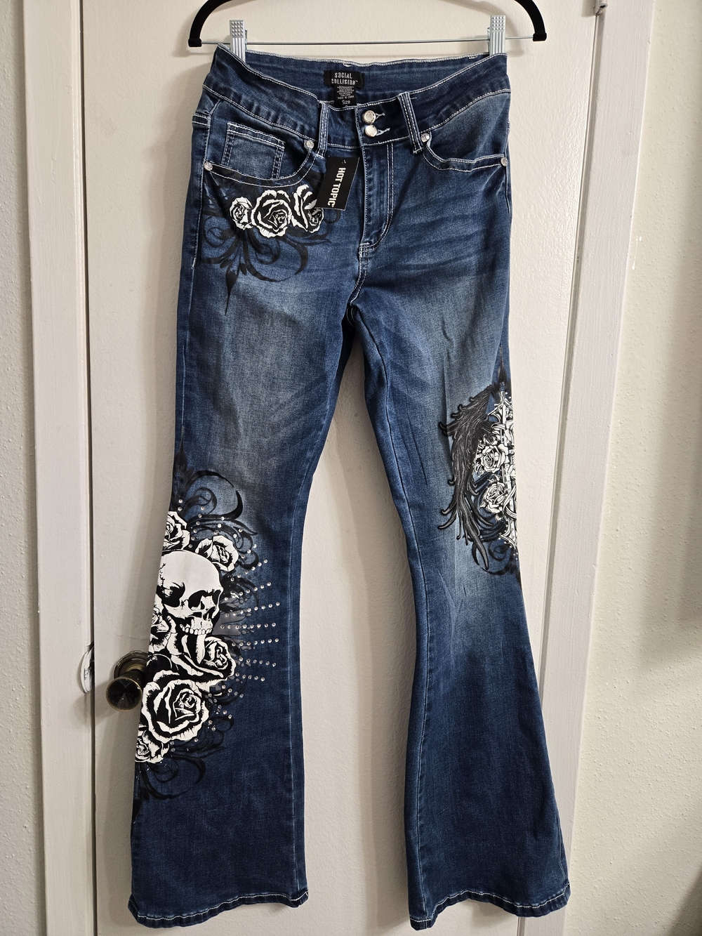 Dark Blue Flared Jeans with White Skull & Rose Print